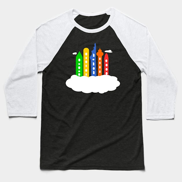 Colourful city in the clouds Baseball T-Shirt by happieeagle